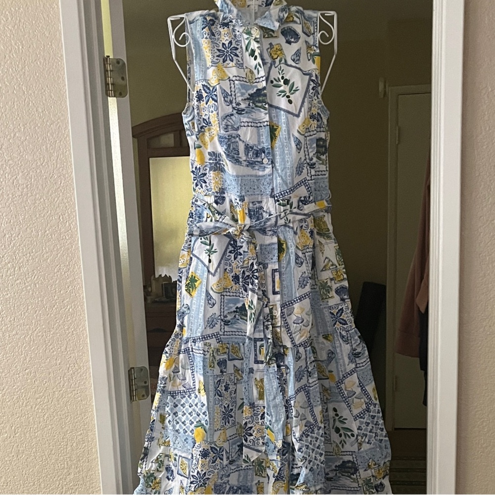 J. Crew  Floral Blue and Yellow Patchwork Dress Button Down w/pockets